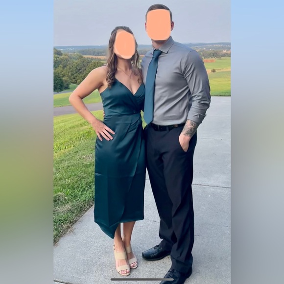 Quite Likely Dark Teal Satin Asymmetrical Midi Dress - Picture 6 of 6